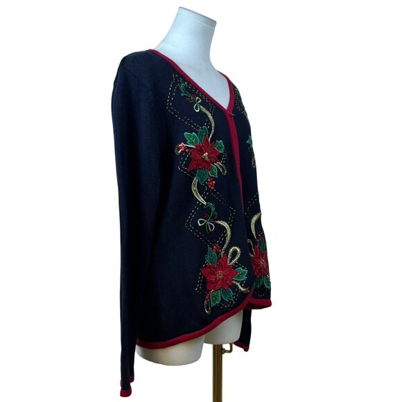 Tiara International Women's Black Red Cardigan Sweater Embroidered Sz L - Picture 2 of 8